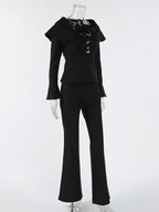 Elegant Two Piece Set Women Trouser Suit - Vintage Large Collar Gold Button Bell Sleeve - Spring Gala Evening Outfit 2026
