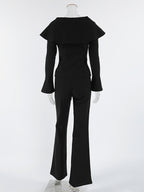 Elegant Two Piece Set Women Trouser Suit - Vintage Large Collar Gold Button Bell Sleeve - Spring Gala Evening Outfit 2026