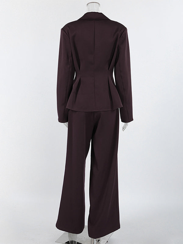 Deep Brown Peplum Blazer Suit For Women - Chic Pleated Waist Slim Fit Wide Leg Pants Set - Spring Office Lady Outfit 2026