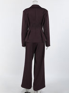 Deep Brown Peplum Blazer Suit For Women - Chic Pleated Waist Slim Fit Wide Leg Pants Set - Spring Office Lady Outfit 2026
