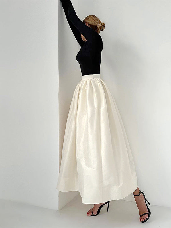 Satin High Waist Women Maxi Skirt - Elegant Pleated Full Swing - Royal Core Wedding Guest Party Skirt 2026