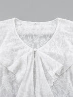 Sheer Floral Lace Women Blouse - White Elegant V-Neck Bell Sleeve Top - Coquette Fairycore Spring Date Night Wear 2026