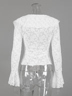 Sheer Floral Lace Women Blouse - White Elegant V-Neck Bell Sleeve Top - Coquette Fairycore Spring Date Night Wear 2026