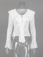 Sheer Floral Lace Women Blouse - White Elegant V-Neck Bell Sleeve Top - Coquette Fairycore Spring Date Night Wear 2026