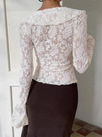 Sheer Floral Lace Women Blouse - White Elegant V-Neck Bell Sleeve Top - Coquette Fairycore Spring Date Night Wear 2026
