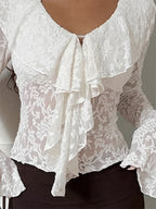 Sheer Floral Lace Women Blouse - White Elegant V-Neck Bell Sleeve Top - Coquette Fairycore Spring Date Night Wear 2026