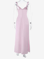 Baby Pink Women Maxi Dress - Elegant Ruffle V-Neck Tie Front Slip - Coquette Aesthetic Summer Vacation Beach Dress 2026