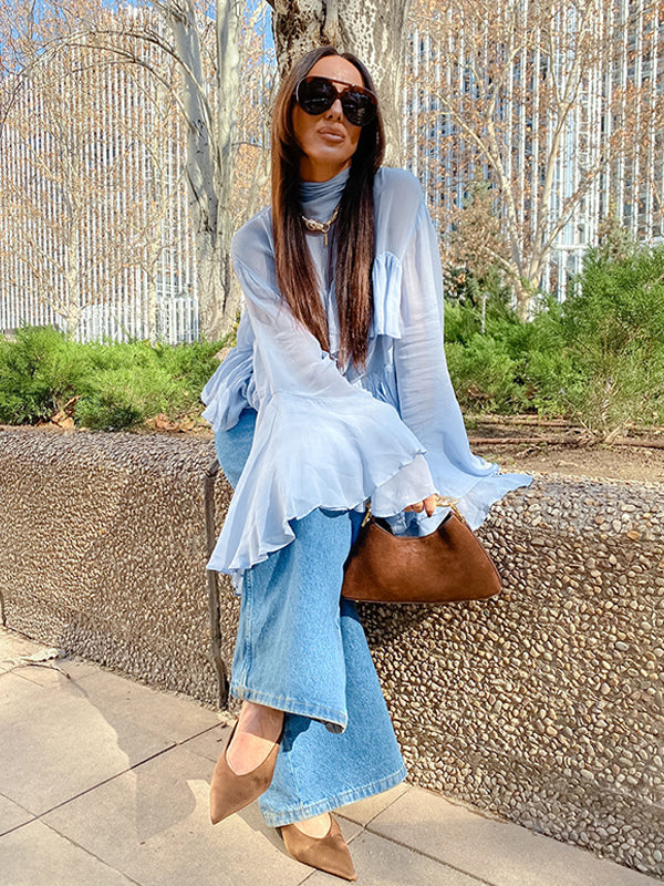 Tiered Ruffle Light Blue Women Blouse - Elegant High Neck Bell Sleeve Top - Boho Chic Beach Wear 2026