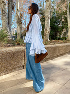 Tiered Ruffle Light Blue Women Blouse - Elegant High Neck Bell Sleeve Top - Boho Chic Beach Wear 2026