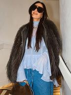 Tiered Ruffle Light Blue Women Blouse - Elegant High Neck Bell Sleeve Top - Boho Chic Beach Wear 2026