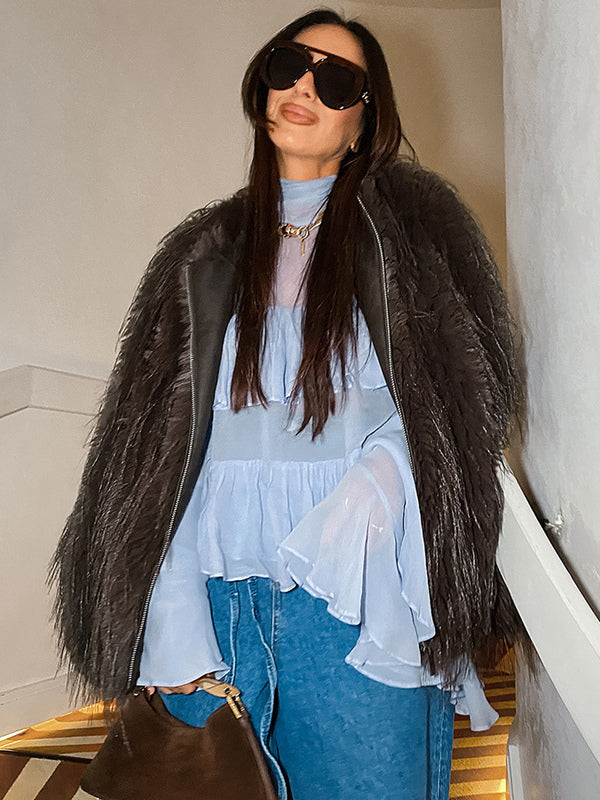 Tiered Ruffle Light Blue Women Blouse - Elegant High Neck Bell Sleeve Top - Boho Chic Beach Wear 2026