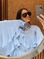 Tiered Ruffle Light Blue Women Blouse - Elegant High Neck Bell Sleeve Top - Boho Chic Beach Wear 2026