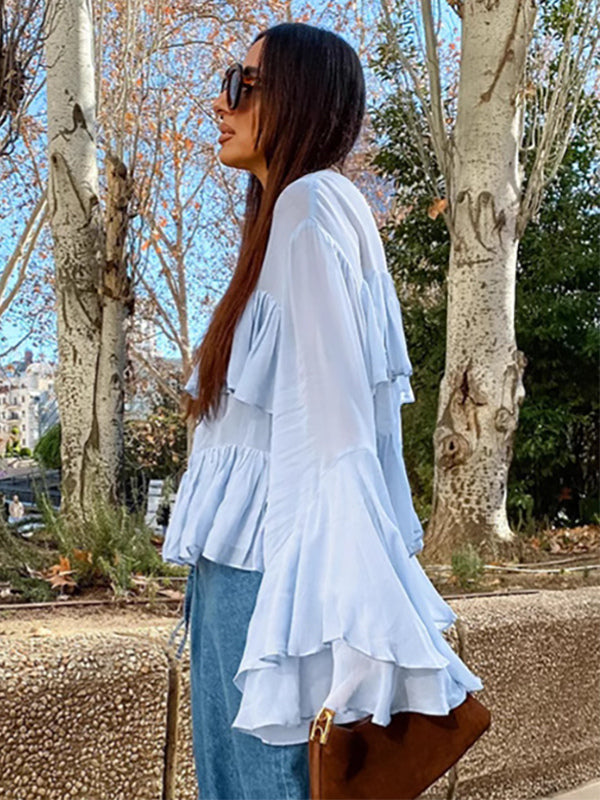 Tiered Ruffle Light Blue Women Blouse - Elegant High Neck Bell Sleeve Top - Boho Chic Beach Wear 2026