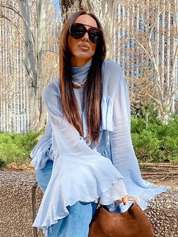 Tiered Ruffle Light Blue Women Blouse - Elegant High Neck Bell Sleeve Top - Boho Chic Beach Wear 2026