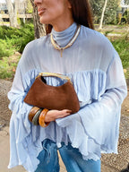 Tiered Ruffle Light Blue Women Blouse - Elegant High Neck Bell Sleeve Top - Boho Chic Beach Wear 2026
