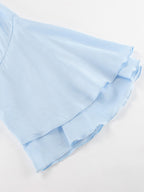 Tiered Ruffle Light Blue Women Blouse - Elegant High Neck Bell Sleeve Top - Boho Chic Beach Wear 2026