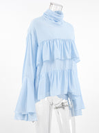 Tiered Ruffle Light Blue Women Blouse - Elegant High Neck Bell Sleeve Top - Boho Chic Beach Wear 2026