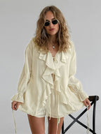 Ruffle Shirt And Shorts Two Piece Set For Women - Cream Boho Flare Sleeve Tie Front - Summer Beach Vacation Outfit 2026