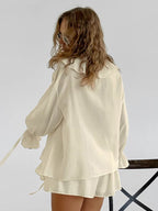 Ruffle Shirt And Shorts Two Piece Set For Women - Cream Boho Flare Sleeve Tie Front - Summer Beach Vacation Outfit 2026