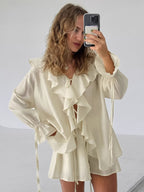 Ruffle Shirt And Shorts Two Piece Set For Women - Cream Boho Flare Sleeve Tie Front - Summer Beach Vacation Outfit 2026