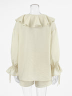 Ruffle Shirt And Shorts Two Piece Set For Women - Cream Boho Flare Sleeve Tie Front - Summer Beach Vacation Outfit 2026