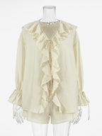 Ruffle Shirt And Shorts Two Piece Set For Women - Cream Boho Flare Sleeve Tie Front - Summer Beach Vacation Outfit 2026