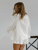 Ruffle Shirt And Shorts Two Piece Set For Women - Cream Boho Flare Sleeve Tie Front - Summer Beach Vacation Outfit 2026