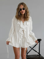 Ruffle Shirt And Shorts Two Piece Set For Women - Cream Boho Flare Sleeve Tie Front - Summer Beach Vacation Outfit 2026