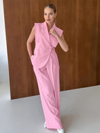 Sleeveless Blazer Set For Women Business Casual - Pink Chic Double Breasted Tailored Cut - 2026 Summer Work Outfit