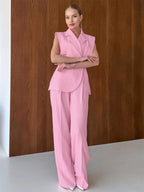 Sleeveless Blazer Set For Women Business Casual - Pink Chic Double Breasted Tailored Cut - 2026 Summer Work Outfit