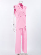 Sleeveless Blazer Set For Women Business Casual - Pink Chic Double Breasted Tailored Cut - 2026 Summer Work Outfit