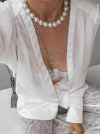 White Deep V Neck Women Blouse - Sexy Sheer Long Sleeve Top - French Style Night Out Spring Streetwear 2026