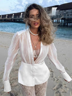 White Deep V Neck Women Blouse - Sexy Sheer Long Sleeve Top - French Style Night Out Spring Streetwear 2026
