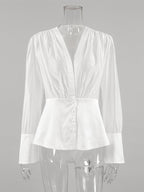 White Deep V Neck Women Blouse - Sexy Sheer Long Sleeve Top - French Style Night Out Spring Streetwear 2026