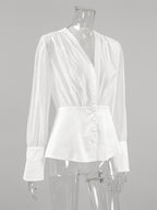 White Deep V Neck Women Blouse - Sexy Sheer Long Sleeve Top - French Style Night Out Spring Streetwear 2026