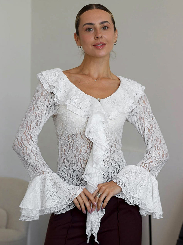 White Floral Lace Women Blouse - Elegant Ruffle Flare Sleeve Sheer Top - Coquette Fairycore Spring Night Out Clubwear 2026