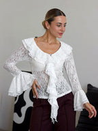 White Floral Lace Women Blouse - Elegant Ruffle Flare Sleeve Sheer Top - Coquette Fairycore Spring Night Out Clubwear 2026