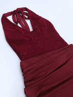 Burgundy Sequin Women Halter Maxi Dress - Elegant Ruched Bodycon Backless Mermaid Gown - Prom Party Outfit 2026