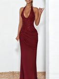 Burgundy Sequin Women Halter Maxi Dress - Elegant Ruched Bodycon Backless Mermaid Gown - Prom Party Outfit 2026