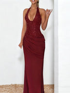 Burgundy Sequin Women Halter Maxi Dress - Elegant Ruched Bodycon Backless Mermaid Gown - Prom Party Outfit 2026