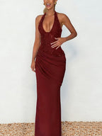Burgundy Sequin Women Halter Maxi Dress - Elegant Ruched Bodycon Backless Mermaid Gown - Prom Party Outfit 2026