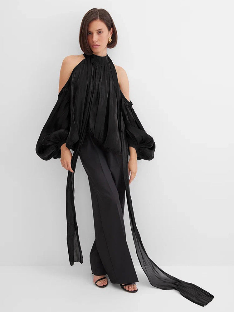 Cold Shoulder Women Halter Blouse - Elegant Lantern Sleeve Loose Fit Top With Scarf - Fairycore Spring Party Top 2026