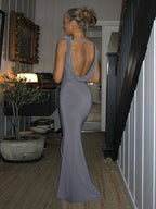 Grey Cowl Neck Women Maxi Dress - Elegant Backless Slim Bodycon - Minimalist Evening Gala 2026