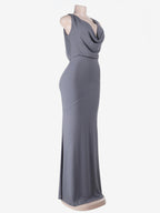Grey Cowl Neck Women Maxi Dress - Elegant Backless Slim Bodycon - Minimalist Evening Gala 2026