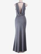 Grey Cowl Neck Women Maxi Dress - Elegant Backless Slim Bodycon - Minimalist Evening Gala 2026