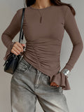 Ruched Side Women Long Sleeve Top - Chic Flare Bell Cuff Slim Fit - Baddie Aesthetic Spring Streetwear 2026