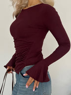 Ruched Side Women Long Sleeve Top - Chic Flare Bell Cuff Slim Fit - Baddie Aesthetic Spring Streetwear 2026