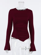 Ruched Side Women Long Sleeve Top - Chic Flare Bell Cuff Slim Fit - Baddie Aesthetic Spring Streetwear 2026