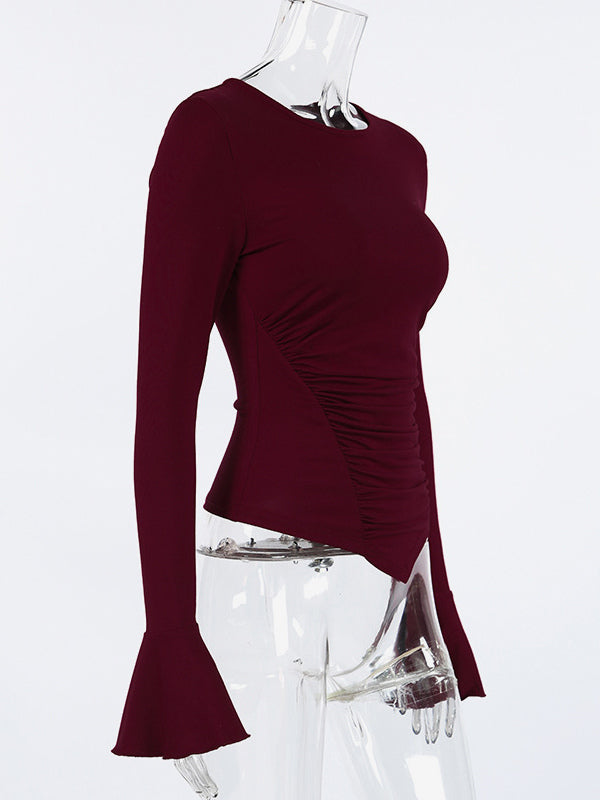Ruched Side Women Long Sleeve Top - Chic Flare Bell Cuff Slim Fit - Baddie Aesthetic Spring Streetwear 2026