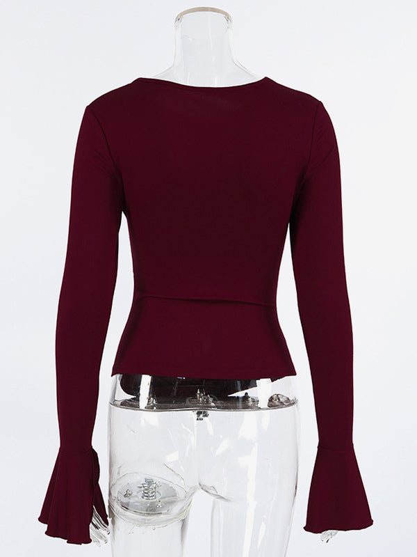 Ruched Side Women Long Sleeve Top - Chic Flare Bell Cuff Slim Fit - Baddie Aesthetic Spring Streetwear 2026